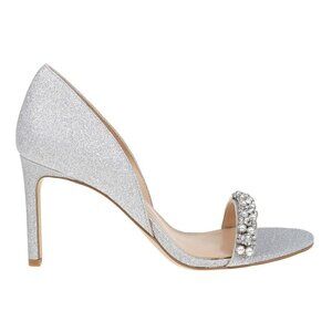Jewel Badgley Mischka Silvertone Glitter Crystal Pearl Dayana Open Toe Pumps 8.5